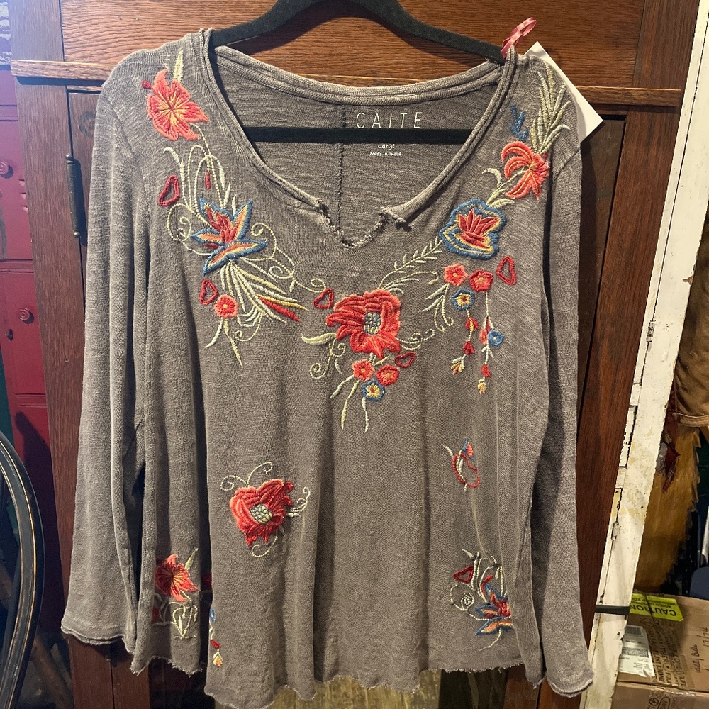 Caite Mollie Top Dark Grey with Embroidery, large